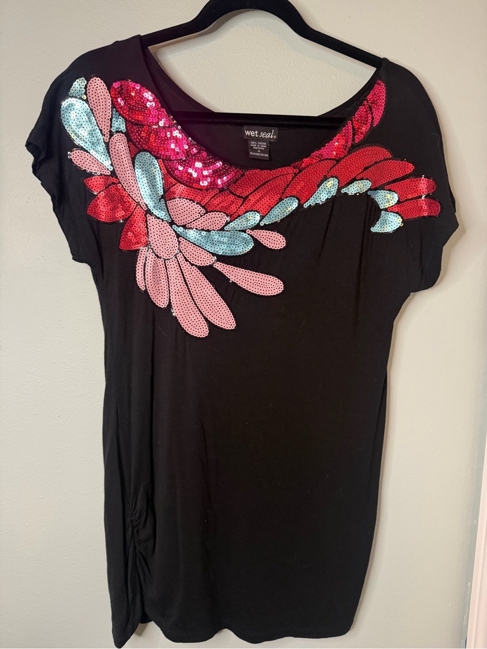 Wet Seal Black Short Sleeve Top with Pink, Red & Light Blue Sequins